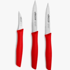 Set de 3 couteaux office lame lisse, crantée et éplucheur rouge Nova